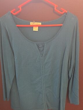 dressbarn Teal Scoop-Neck Long Sleeve Knit Top with Lace Inset